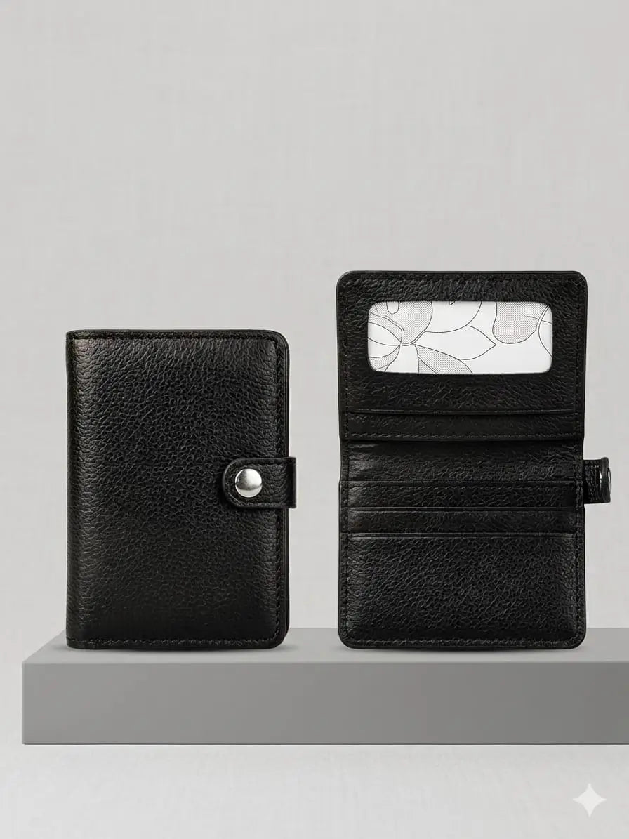 *Men's Black Trifold PU Leather Wallet with Snap Button & ID Window - Compact Card Holder