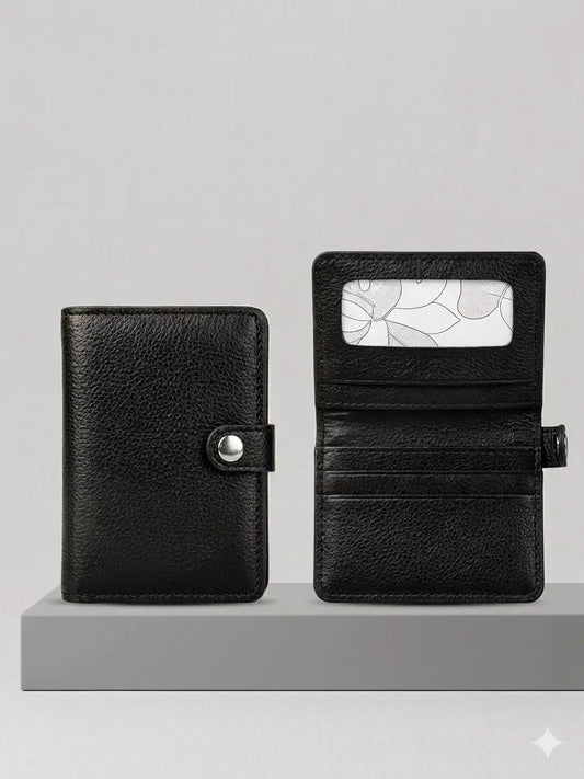 *Men's Black Trifold PU Leather Wallet with Snap Button & ID Window - Compact Card Holder
